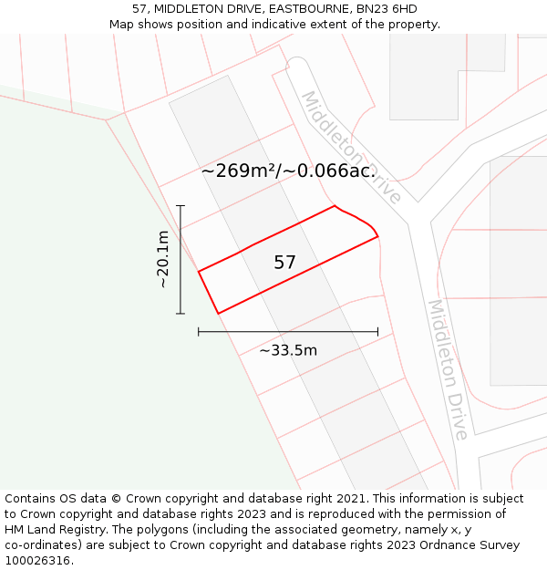 57, MIDDLETON DRIVE, EASTBOURNE, BN23 6HD: Plot and title map