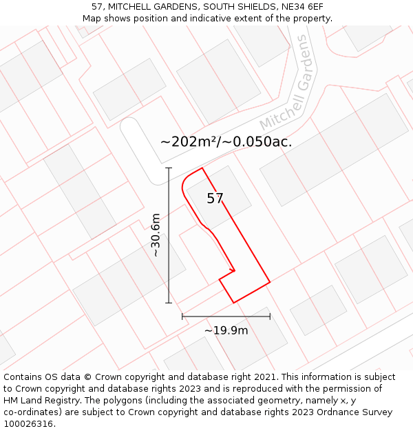 57, MITCHELL GARDENS, SOUTH SHIELDS, NE34 6EF: Plot and title map