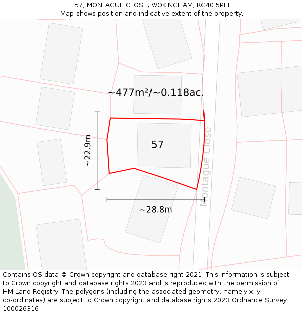 57, MONTAGUE CLOSE, WOKINGHAM, RG40 5PH: Plot and title map