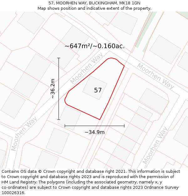 57, MOORHEN WAY, BUCKINGHAM, MK18 1GN: Plot and title map