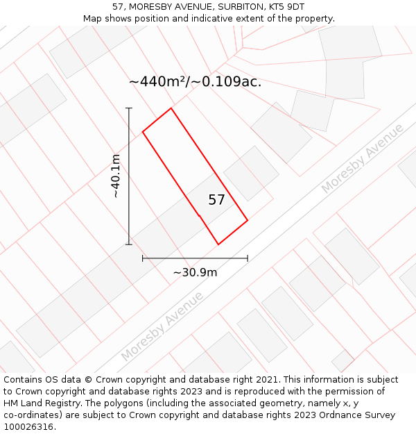 57, MORESBY AVENUE, SURBITON, KT5 9DT: Plot and title map