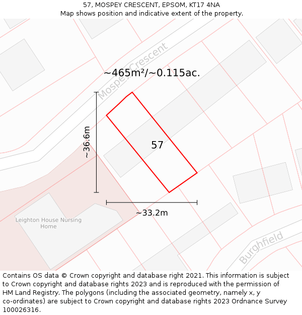 57, MOSPEY CRESCENT, EPSOM, KT17 4NA: Plot and title map