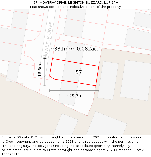 57, MOWBRAY DRIVE, LEIGHTON BUZZARD, LU7 2PH: Plot and title map