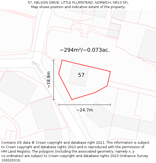 57, NELSON DRIVE, LITTLE PLUMSTEAD, NORWICH, NR13 5FL: Plot and title map