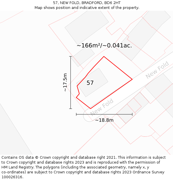 57, NEW FOLD, BRADFORD, BD6 2HT: Plot and title map