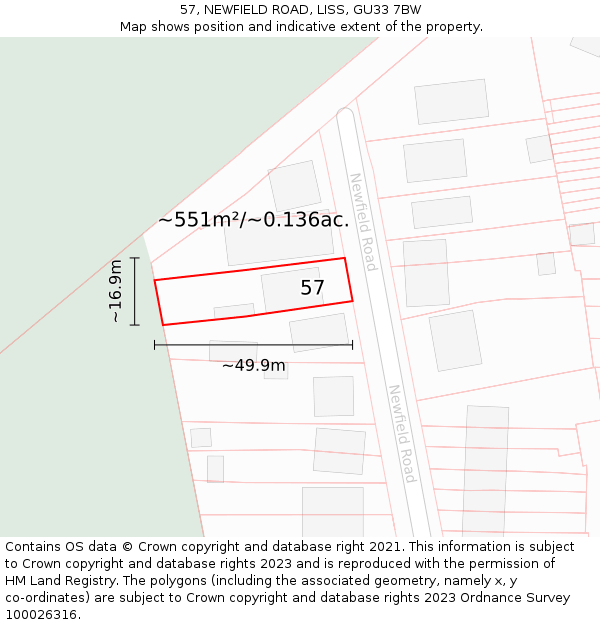 57, NEWFIELD ROAD, LISS, GU33 7BW: Plot and title map