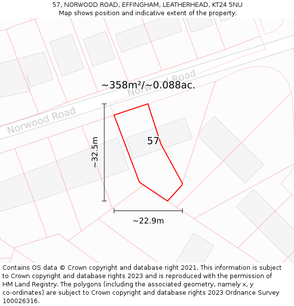 57, NORWOOD ROAD, EFFINGHAM, LEATHERHEAD, KT24 5NU: Plot and title map