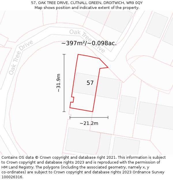 57, OAK TREE DRIVE, CUTNALL GREEN, DROITWICH, WR9 0QY: Plot and title map