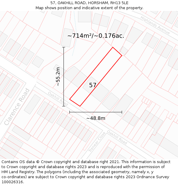 57, OAKHILL ROAD, HORSHAM, RH13 5LE: Plot and title map