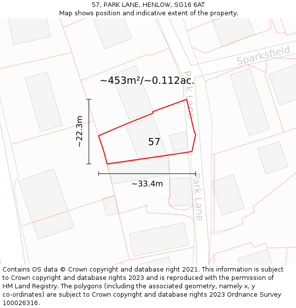 57, PARK LANE, HENLOW, SG16 6AT: Plot and title map