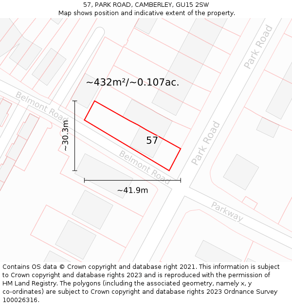 57, PARK ROAD, CAMBERLEY, GU15 2SW: Plot and title map