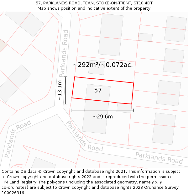 57, PARKLANDS ROAD, TEAN, STOKE-ON-TRENT, ST10 4DT: Plot and title map