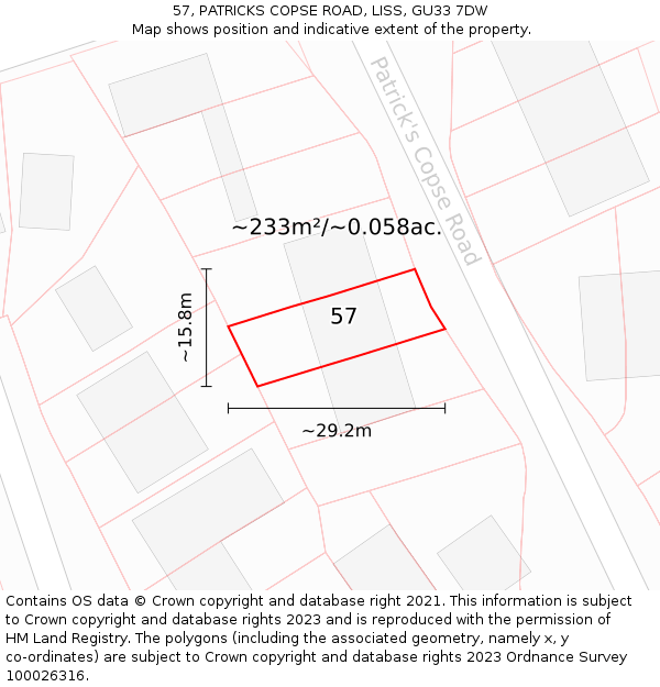 57, PATRICKS COPSE ROAD, LISS, GU33 7DW: Plot and title map