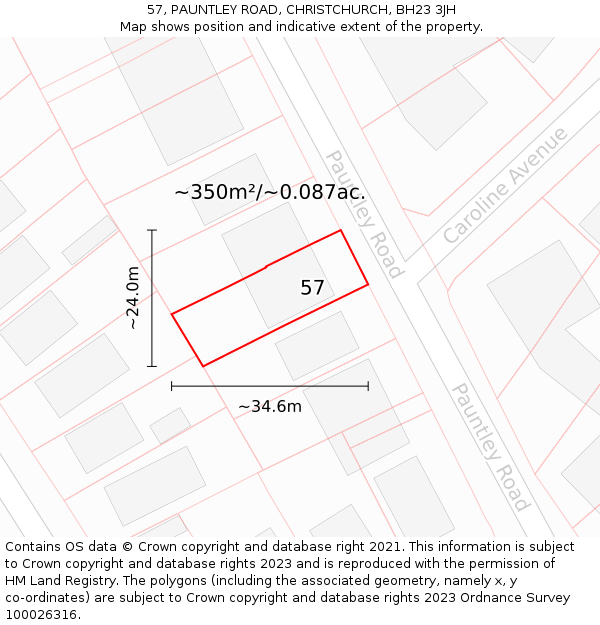 57, PAUNTLEY ROAD, CHRISTCHURCH, BH23 3JH: Plot and title map
