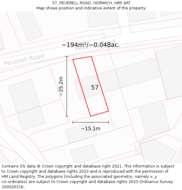 57, PEVERELL ROAD, NORWICH, NR5 9AT: Plot and title map