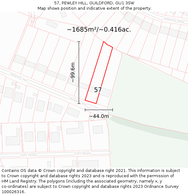 57, PEWLEY HILL, GUILDFORD, GU1 3SW: Plot and title map