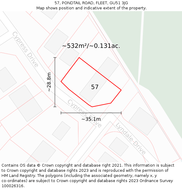 57, PONDTAIL ROAD, FLEET, GU51 3JG: Plot and title map