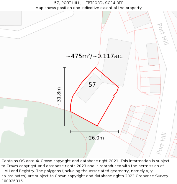 57, PORT HILL, HERTFORD, SG14 3EP: Plot and title map