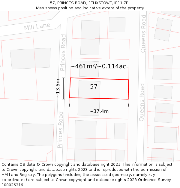 57, PRINCES ROAD, FELIXSTOWE, IP11 7PL: Plot and title map