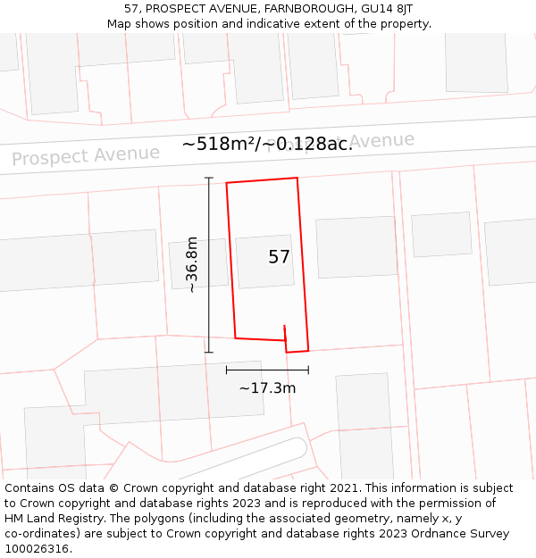 57, PROSPECT AVENUE, FARNBOROUGH, GU14 8JT: Plot and title map