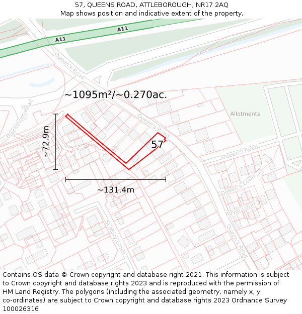 57, QUEENS ROAD, ATTLEBOROUGH, NR17 2AQ: Plot and title map