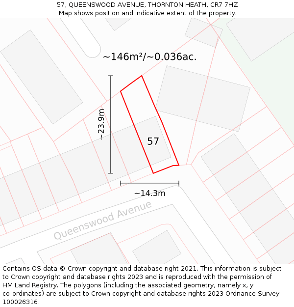 57, QUEENSWOOD AVENUE, THORNTON HEATH, CR7 7HZ: Plot and title map