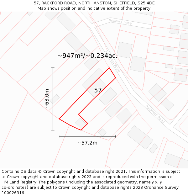 57, RACKFORD ROAD, NORTH ANSTON, SHEFFIELD, S25 4DE: Plot and title map