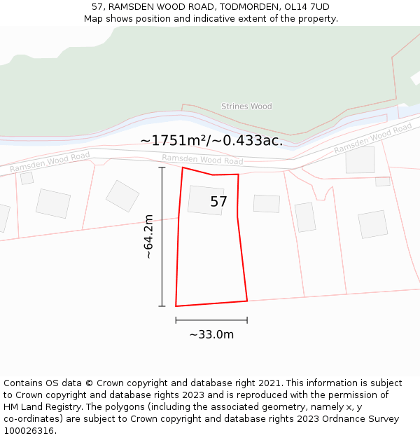 57, RAMSDEN WOOD ROAD, TODMORDEN, OL14 7UD: Plot and title map