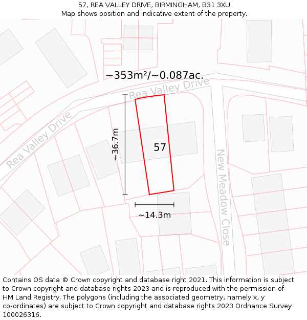 57, REA VALLEY DRIVE, BIRMINGHAM, B31 3XU: Plot and title map