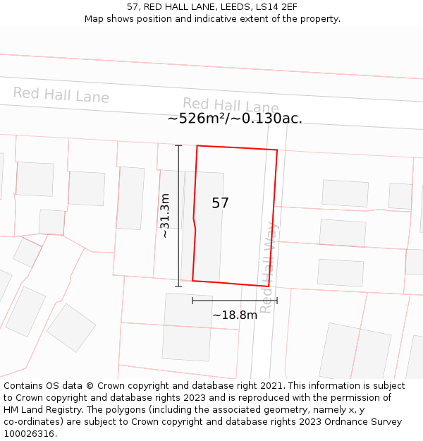 57, RED HALL LANE, LEEDS, LS14 2EF: Plot and title map
