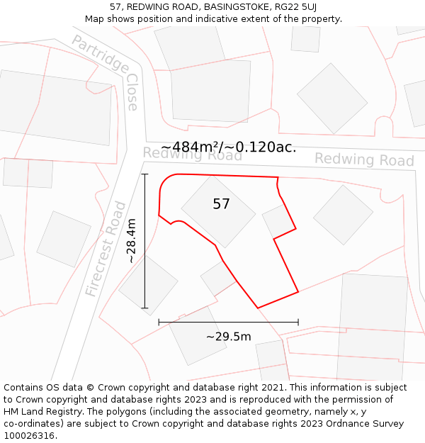57, REDWING ROAD, BASINGSTOKE, RG22 5UJ: Plot and title map