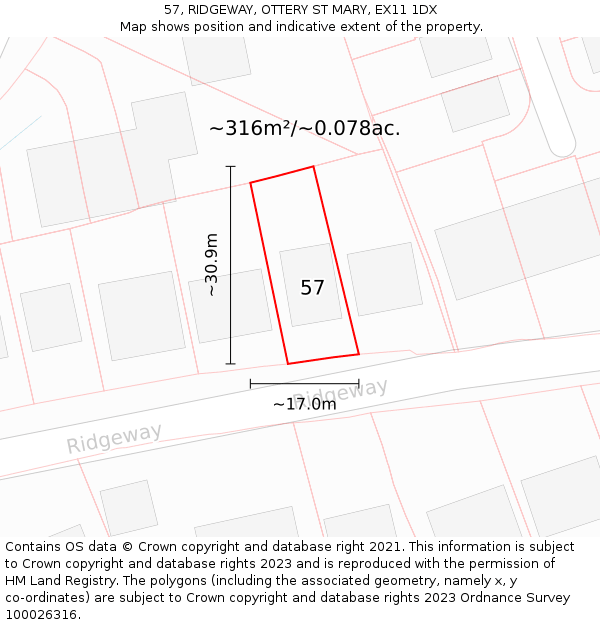 57, RIDGEWAY, OTTERY ST MARY, EX11 1DX: Plot and title map