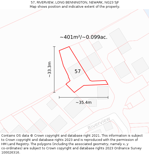 57, RIVERVIEW, LONG BENNINGTON, NEWARK, NG23 5JF: Plot and title map