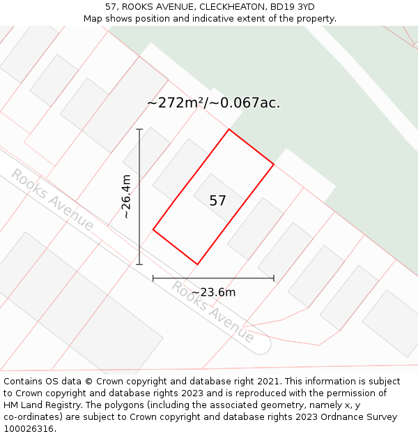 57, ROOKS AVENUE, CLECKHEATON, BD19 3YD: Plot and title map