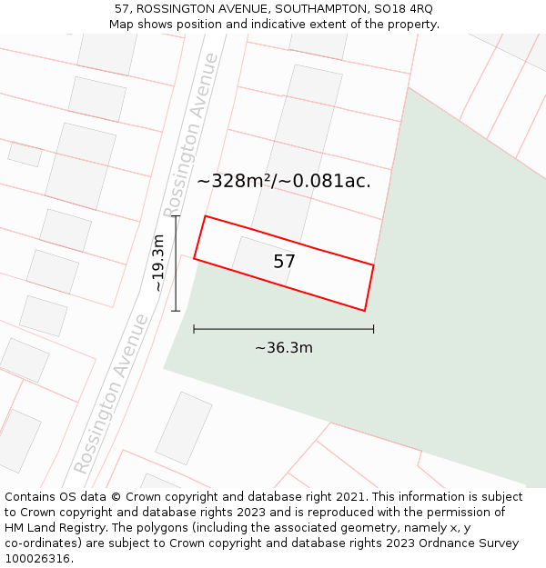 57, ROSSINGTON AVENUE, SOUTHAMPTON, SO18 4RQ: Plot and title map