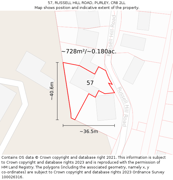 57, RUSSELL HILL ROAD, PURLEY, CR8 2LL: Plot and title map