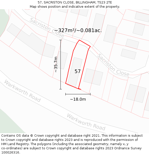 57, SACRISTON CLOSE, BILLINGHAM, TS23 2TE: Plot and title map