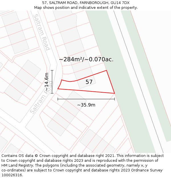 57, SALTRAM ROAD, FARNBOROUGH, GU14 7DX: Plot and title map