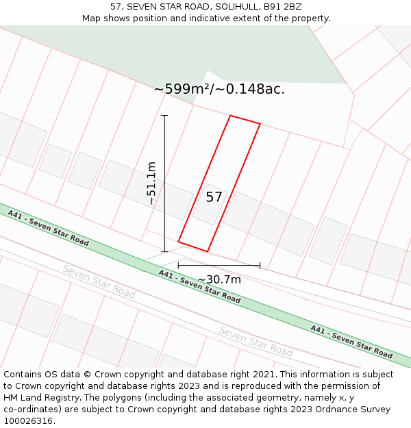 57, SEVEN STAR ROAD, SOLIHULL, B91 2BZ: Plot and title map