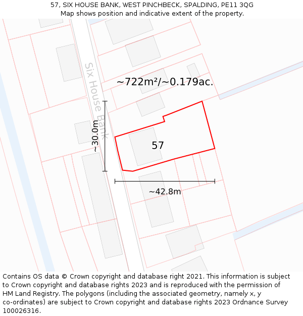 57, SIX HOUSE BANK, WEST PINCHBECK, SPALDING, PE11 3QG: Plot and title map