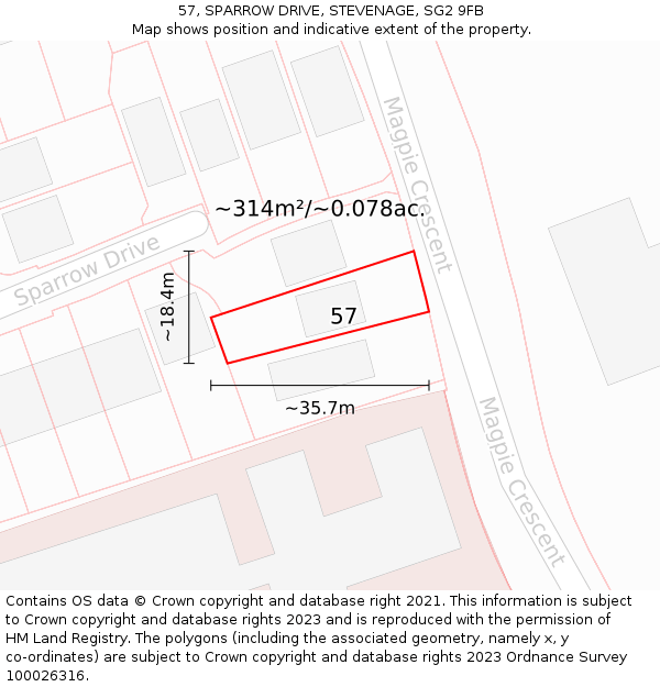 57, SPARROW DRIVE, STEVENAGE, SG2 9FB: Plot and title map