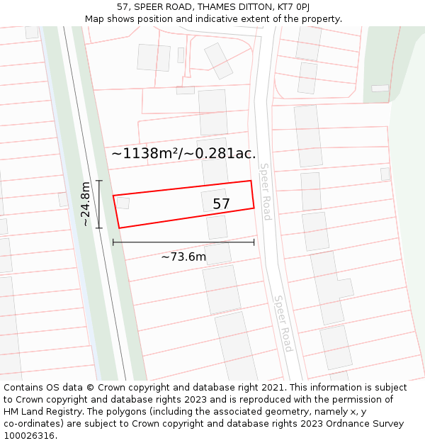 57, SPEER ROAD, THAMES DITTON, KT7 0PJ: Plot and title map