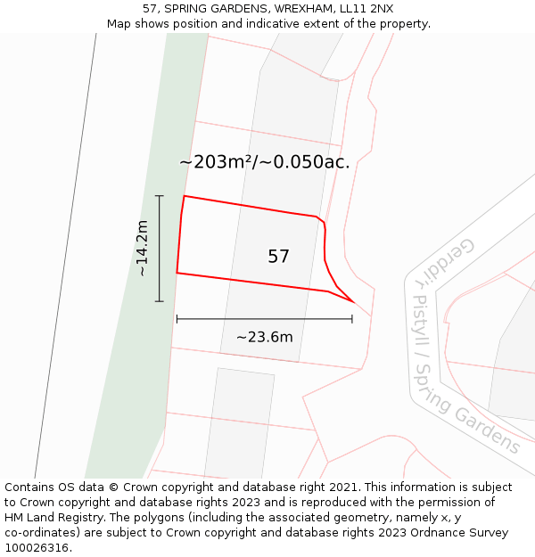 57, SPRING GARDENS, WREXHAM, LL11 2NX: Plot and title map