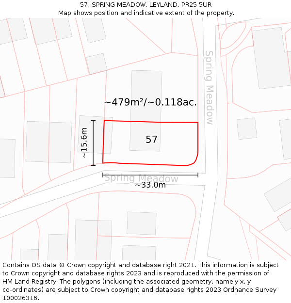 57, SPRING MEADOW, LEYLAND, PR25 5UR: Plot and title map