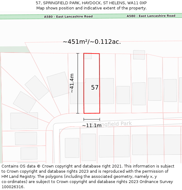 57, SPRINGFIELD PARK, HAYDOCK, ST HELENS, WA11 0XP: Plot and title map