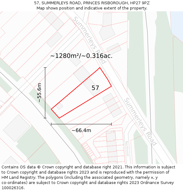 57, SUMMERLEYS ROAD, PRINCES RISBOROUGH, HP27 9PZ: Plot and title map