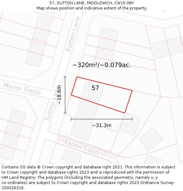 57, SUTTON LANE, MIDDLEWICH, CW10 0BY: Plot and title map