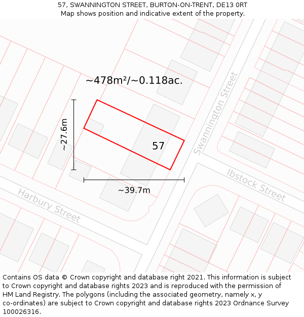 57, SWANNINGTON STREET, BURTON-ON-TRENT, DE13 0RT: Plot and title map