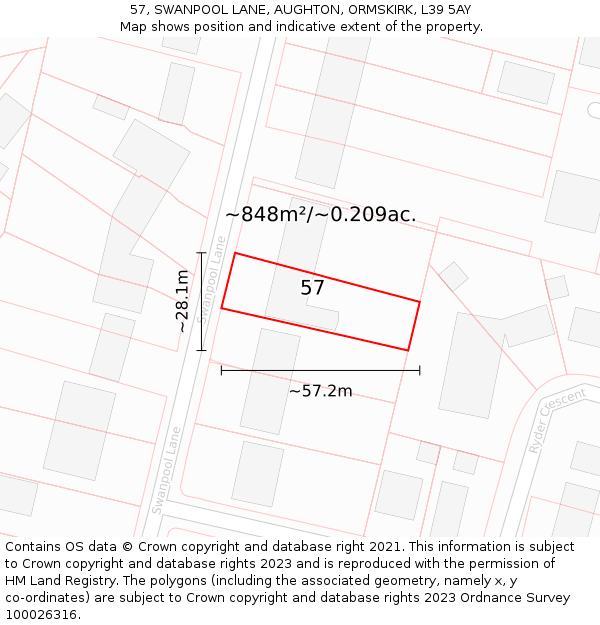 57, SWANPOOL LANE, AUGHTON, ORMSKIRK, L39 5AY: Plot and title map