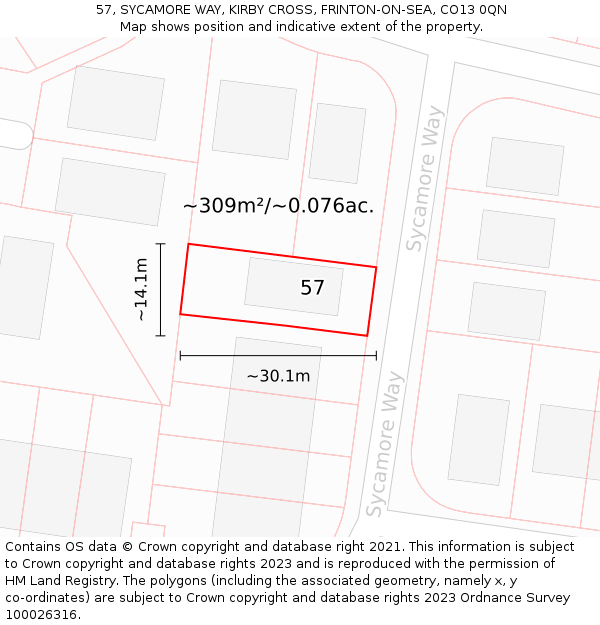 57, SYCAMORE WAY, KIRBY CROSS, FRINTON-ON-SEA, CO13 0QN: Plot and title map